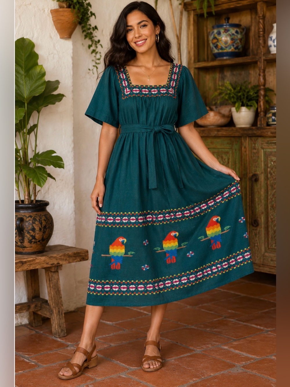 Vintage Ana's Fashions Guatemala Cotton Parrot Bird Folk Art Dress Small Boho